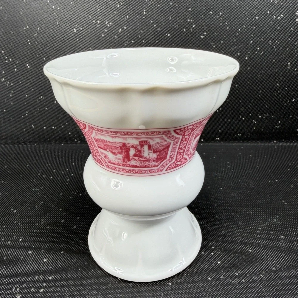 Heinrich Germany Porcelain Vase Pink White Scenic Transferware Castle 4.5Inch